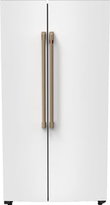 Café CKE24RP4YW2 36 inch counter-depth side-by-side smart refrigerator in matte white with brushed bronze handles