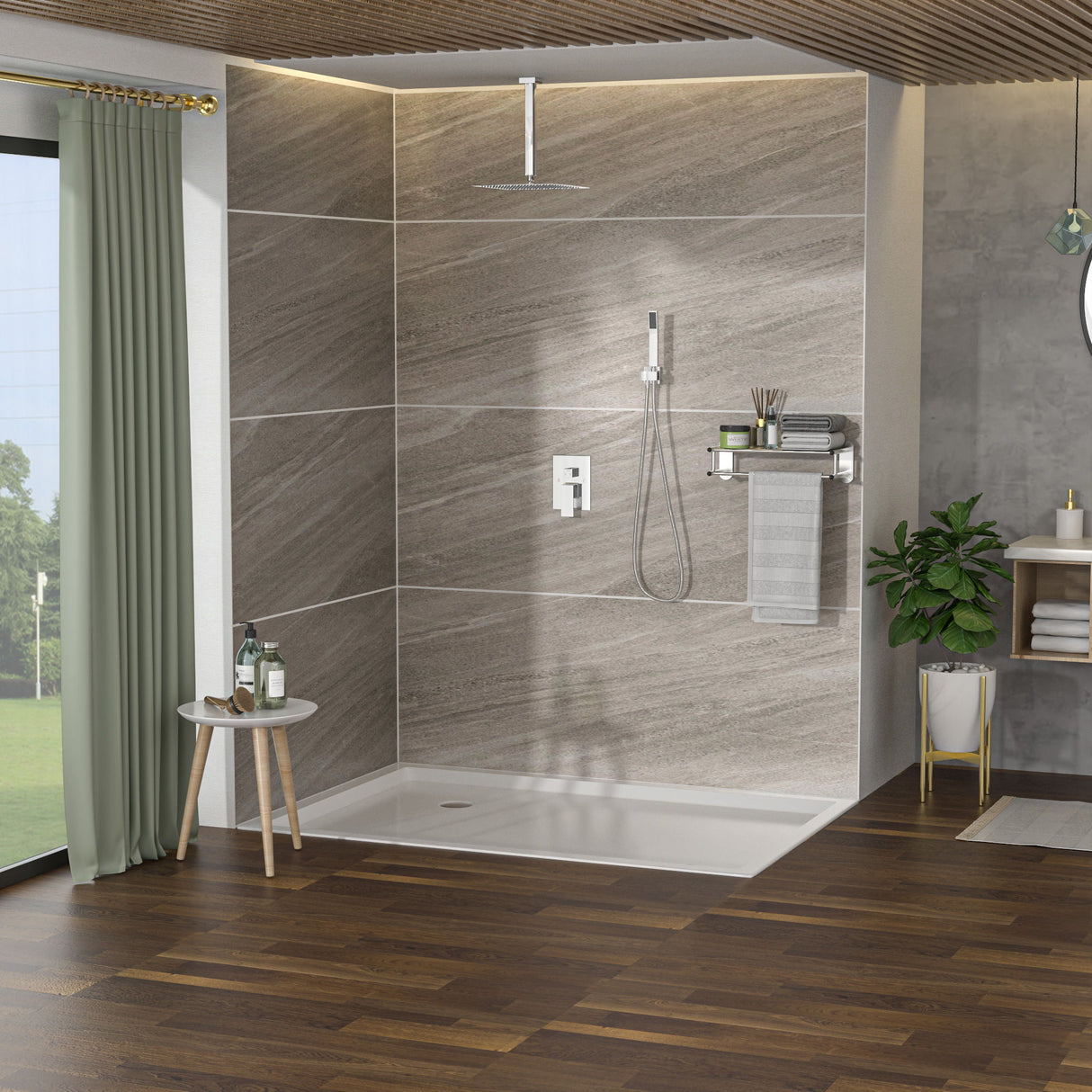 Modern Dual Shower Head System With 16" Ceiling Mount Finish, Stainless Steel And Brass