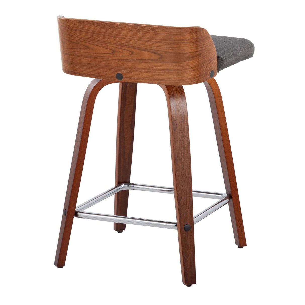 Maya - Mid-Century Modern Fixed-Height Swivel Counter Stool (Set of 2) - Walnut Wood And Charcoal Fabric With Square Chrome Metal Footrest