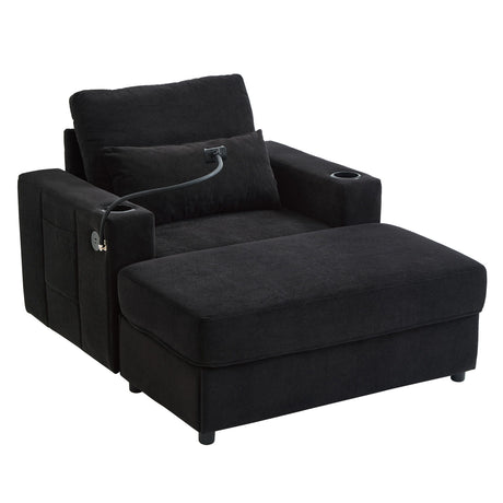 Modern Style Armchair Chaise Lounge Sofa Couch With Movable Storage Ottoman, USB Ports, Cup Holders, Phone Holder, Side Pockets