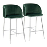 Luna - Pleated Waves Contemporary/Glam Fixed-Height Counter Stool (Set of 2) - Chrome Metal And Green Velvet