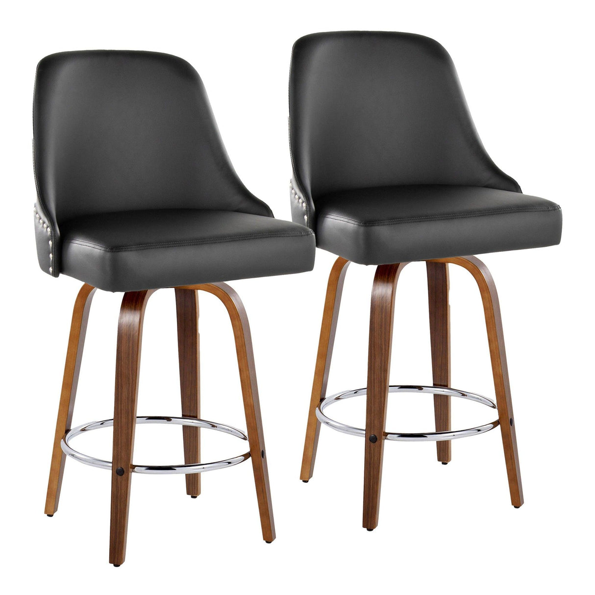 Marcel - 26" Fixed-Height Counter Stool With Swivel And Round Chrome Metal Footrest (Set of 2) - Walnut Wood And Black Faux Leather With Chrome Nailhead Trim
