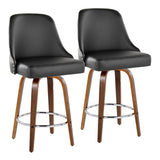 Marcel - 26" Fixed-Height Counter Stool With Swivel And Round Chrome Metal Footrest (Set of 2) - Walnut Wood And Black Faux Leather With Chrome Nailhead Trim