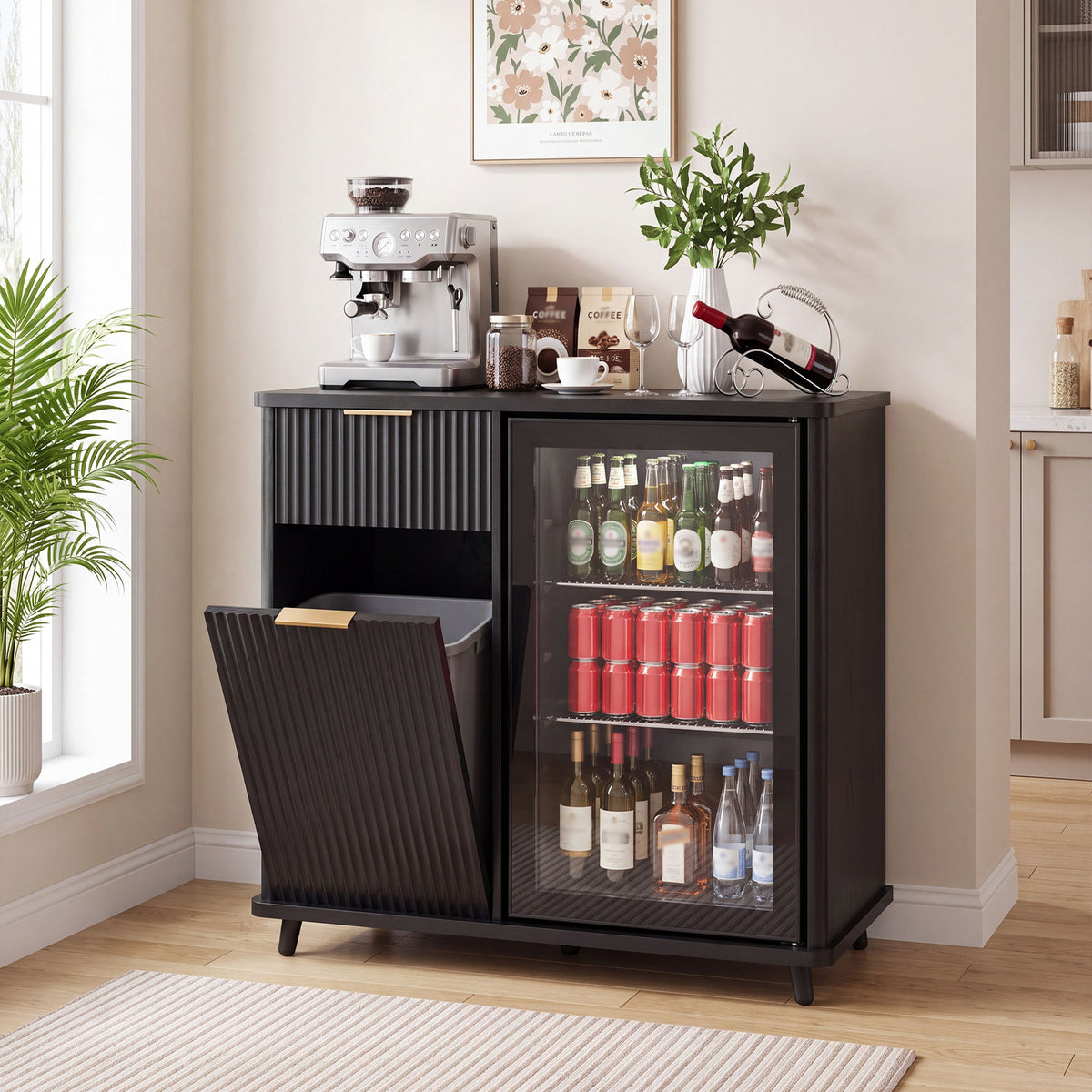 Fluted Coffee Bar Cabinet With Mini Fridge Space & Charging Station