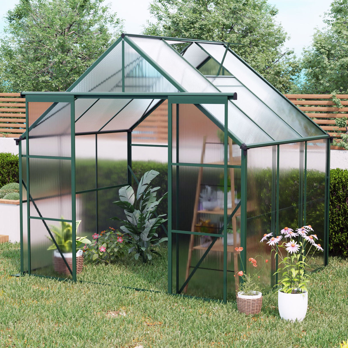 Double Door Polycarbonate Greenhouse Raised Base And Anchor Aluminum Heavy Duty Walk In Greenhouses For Outdoor Backyard In All Season
