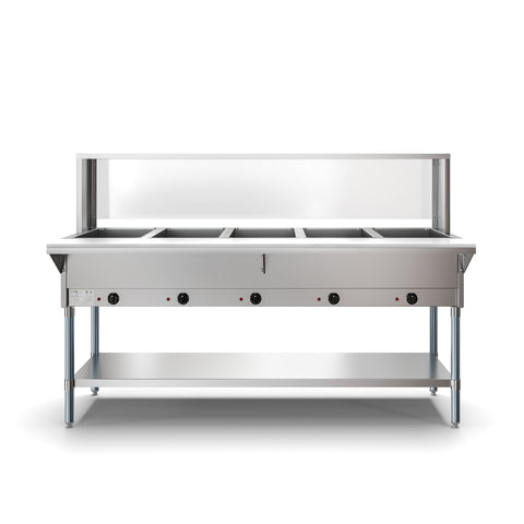 Five Pan Open Well Electric Steam Table with Undershelf and Sneeze-Guard, 240V, KM-OWS-5SG.