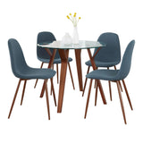 Folia - Round Pebble Mid-Century Modern 5 Piece Dining Room Set - Walnut Wood, Round Clear Tempered Glass, Walnut Metal And Blue Fabric