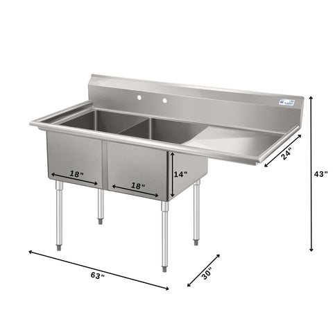 63 in. 18-Gauge 2-Compartment Commercial Sink with Backsplash and 24 in. Right Drainboard, Bowl dimensions 18"x24"x14" in Stainless-Steel (KM-SB182414-24R3)
