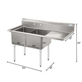 63 in. 18-Gauge 2-Compartment Commercial Sink with Backsplash and 24 in. Right Drainboard, Bowl dimensions 18"x24"x14" in Stainless-Steel (KM-SB182414-24R3)