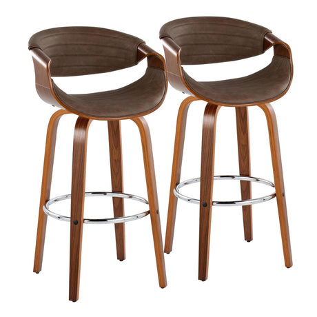 Curvo - 30" Fixed-Height Barstool With Swivel And Round Chrome Metal Footrest (Set of 2) - Walnut Wood