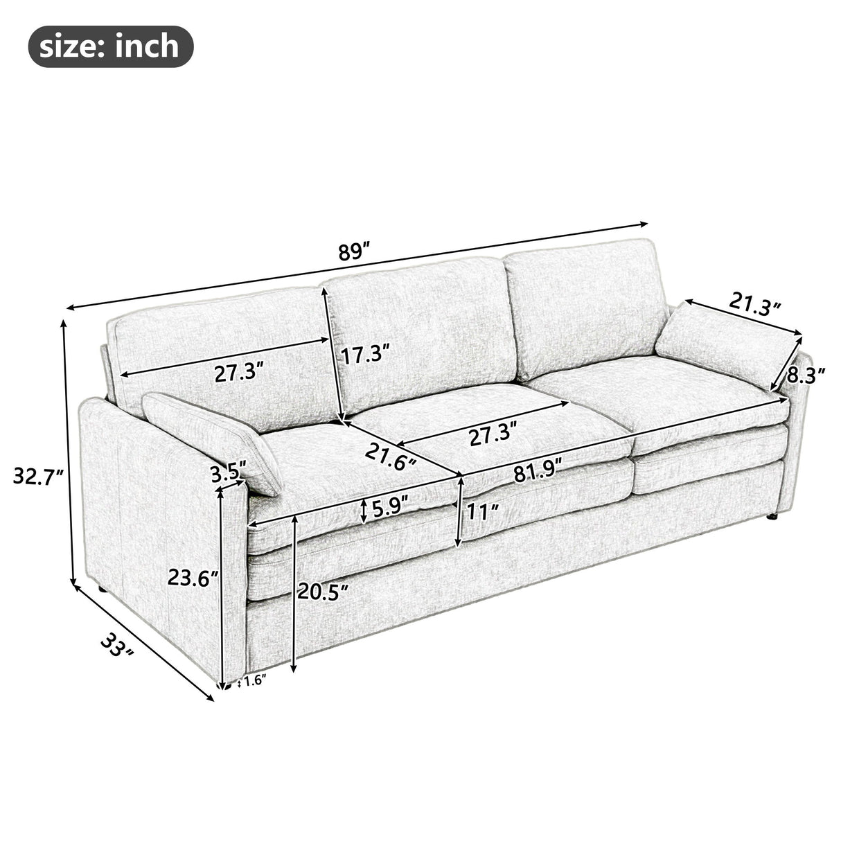 Cozy Upholstered 3 Seater Sofa With Double Cushion