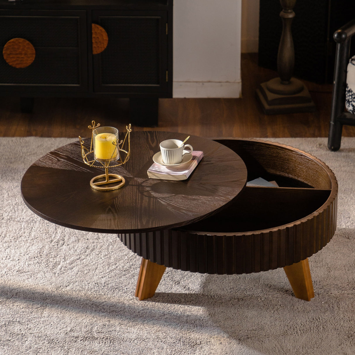 Round Retro Coffee With Solid Wood Legs