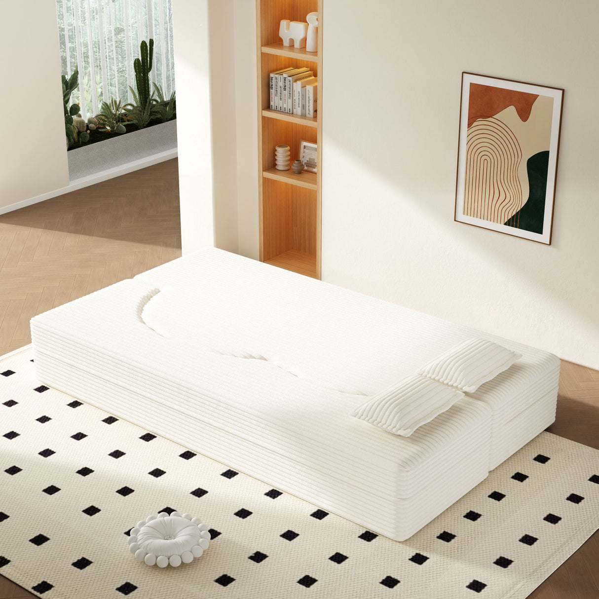 Floor Sofa With 2 Pillows, Convertible Twin Size Mattress For Living Room