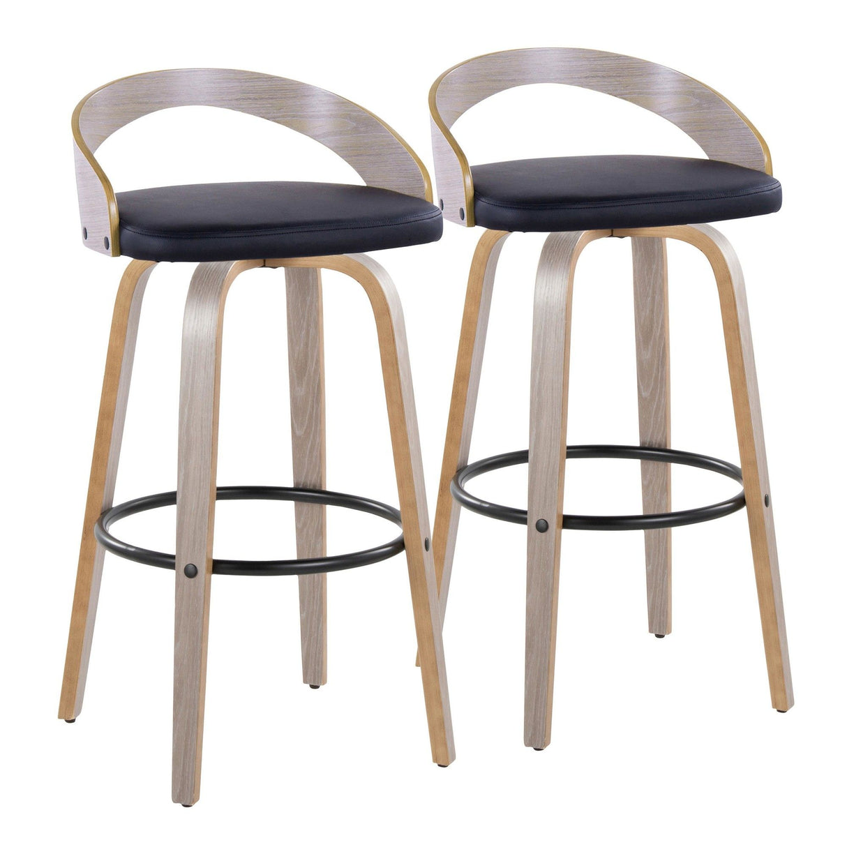 Grotto - 30" Fixed-Height Barstool With Swivel And Round Black Metal Footrest (Set of 2) - Light Gray Wood