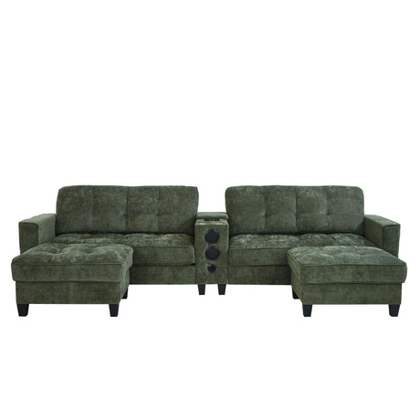 Modern Sectional Sofa U-Shaped With Movable Ottomans, tooth Speakers, LED Lights And Modular Storage