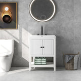 Modern Sleek Bathroom Vanity Elegant Ceramic Sink With Solid Wood Frame Open Style Shelf - White