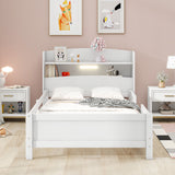 Wood Platform Bed With Built In LED Light, Storage Headboard And Guardrail