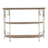 3 Tiered Wooden Shelving Unit With Ornate Iron Frame - Multicolor