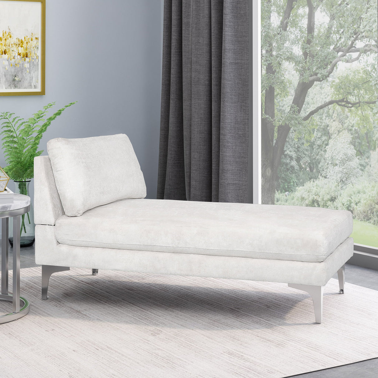 Fabric Upholstered Chaise Lounge With Iron Bracket Legs
