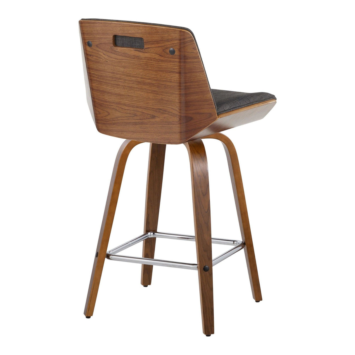 Corazza - Mid-Century Modern Fixed-Height Swivel Counter Stool (Set of 2) - Walnut Wood And Charcoal Fabric With Square Chrome Metal Footrest