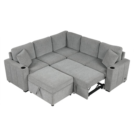 Sectional Sofa Convertible Pull-Out Sofa Bed With A Movable Storage Ottoman For Living Room
