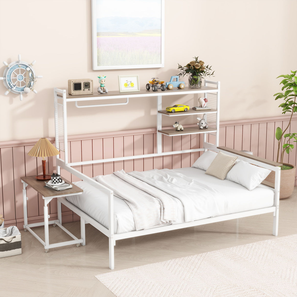 Daybed With Movable Desk, Grid, Shelves And Clothes Hanger