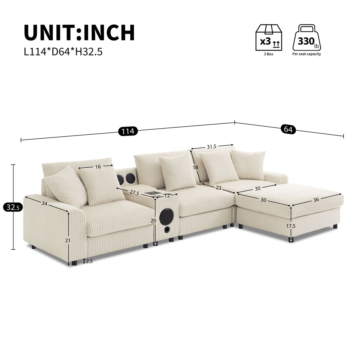 Sectional With Bluetooth Speakers L Shaped Couch With Console USB Charger, Cup Holders Storage Ottoman Deep And Wide Seat Cloud Sofa