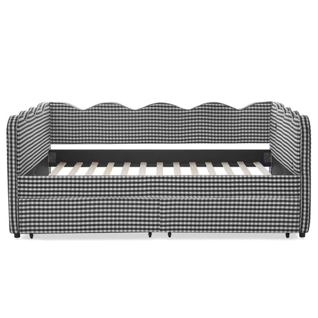 Gingham Daybed With USB Charging Port, Wave-Shaped Design