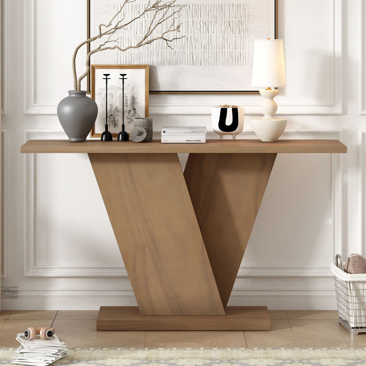 Console Table With V Shape Base, Sculptural Entryway Accent