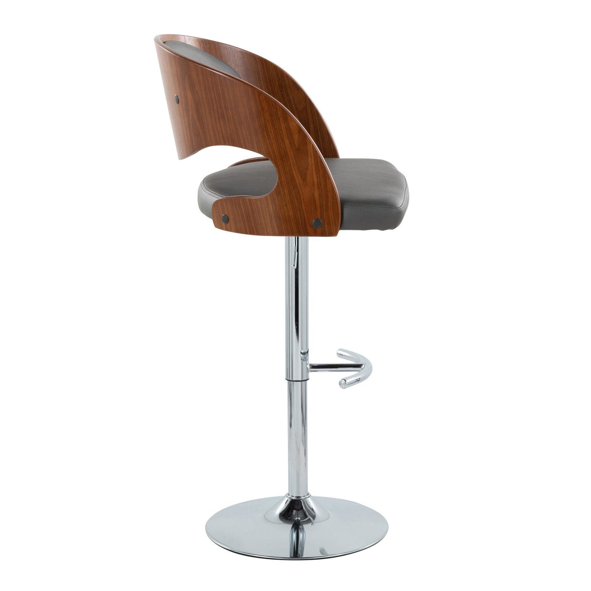 Pino - Mid-Century Modern Adjustable Swivel Barstool (Set of 2) - Chrome Metal, Walnut Wood And Gray Faux Leather With Rounded T Footrest