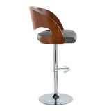 Pino - Mid-Century Modern Adjustable Swivel Barstool (Set of 2) - Chrome Metal, Walnut Wood And Gray Faux Leather With Rounded T Footrest
