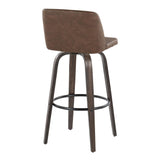 Tintori - 30" Fixed-Height Barstool With Swivel And Round Black Metal Footrest (Set of 2) - Walnut Glazed Wood And Espresso Faux Leather