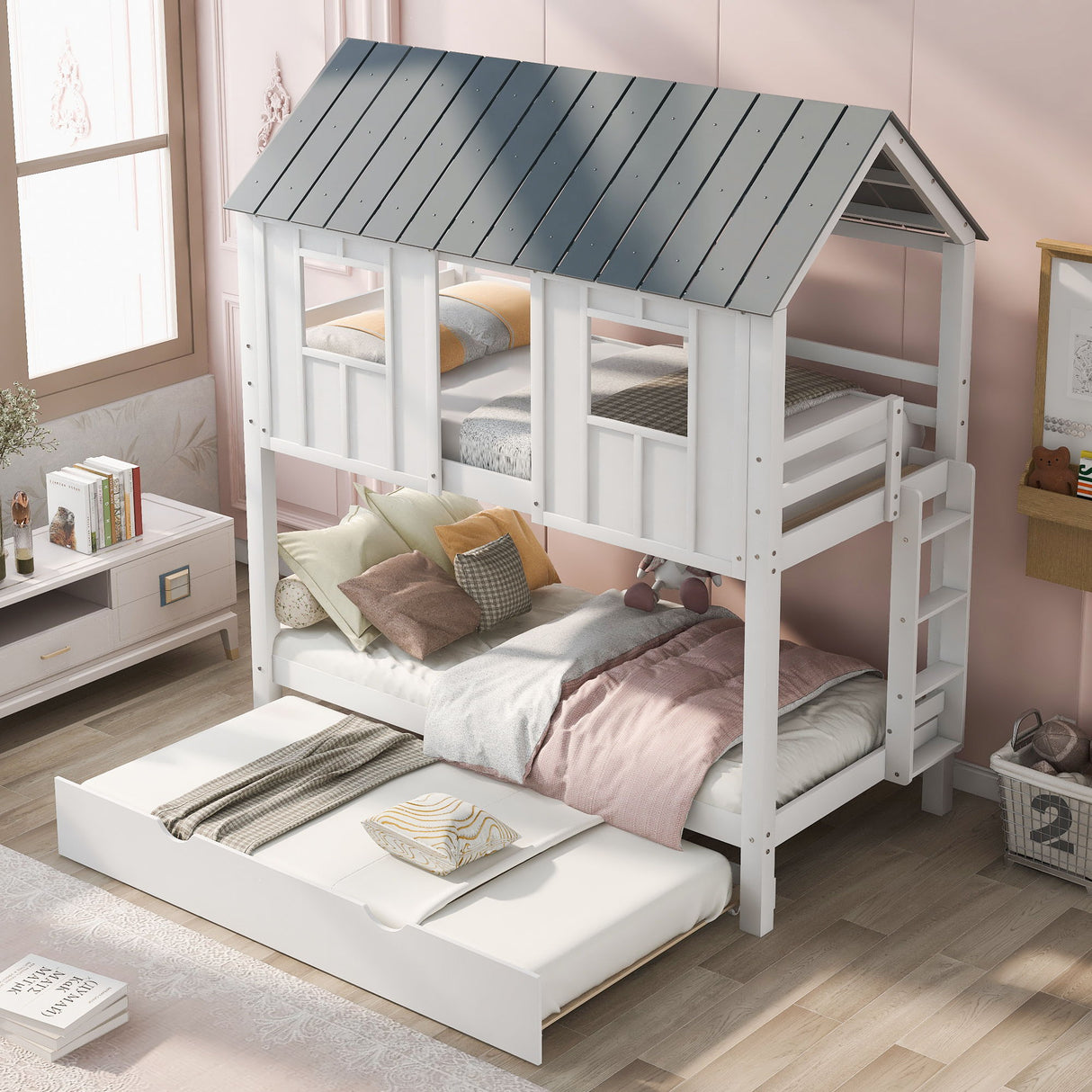 Twin Size House Bunk Bed With Trundle, Roof And Windows - White / Gray