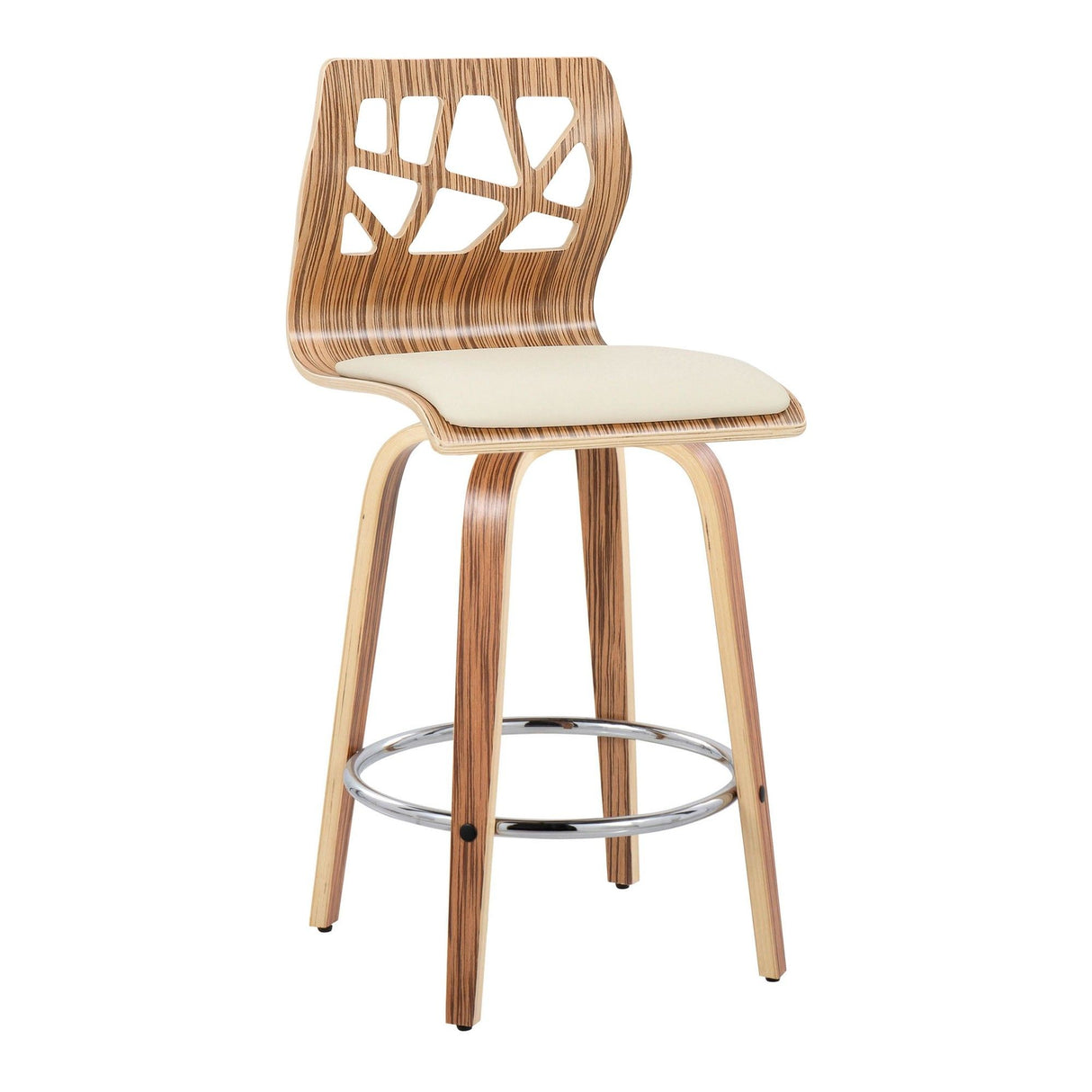 Folia - Contemporary Fixed-Height Swivel Counter Stool (Set of 2) - Zebra Wood And Cream Faux Leather With Round Chrome Metal Footrest