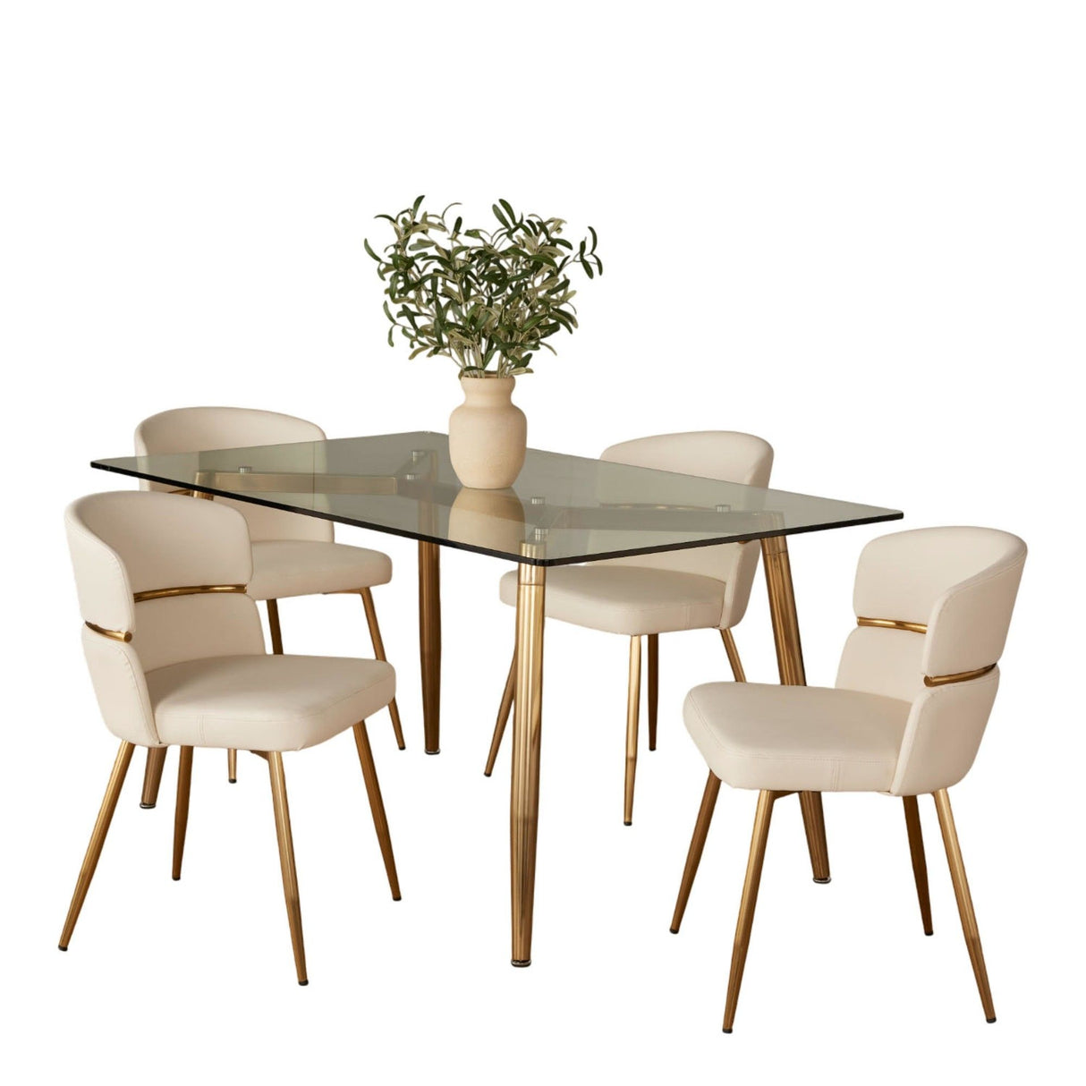 Clara - cinch - 5 Piece Dining Room Set - Gold Metal, Clear Glass, White Faux Leather