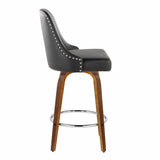 Marcel - 26" Fixed-Height Counter Stool With Swivel And Round Chrome Metal Footrest (Set of 2) - Walnut Wood And Black Faux Leather With Chrome Nailhead Trim