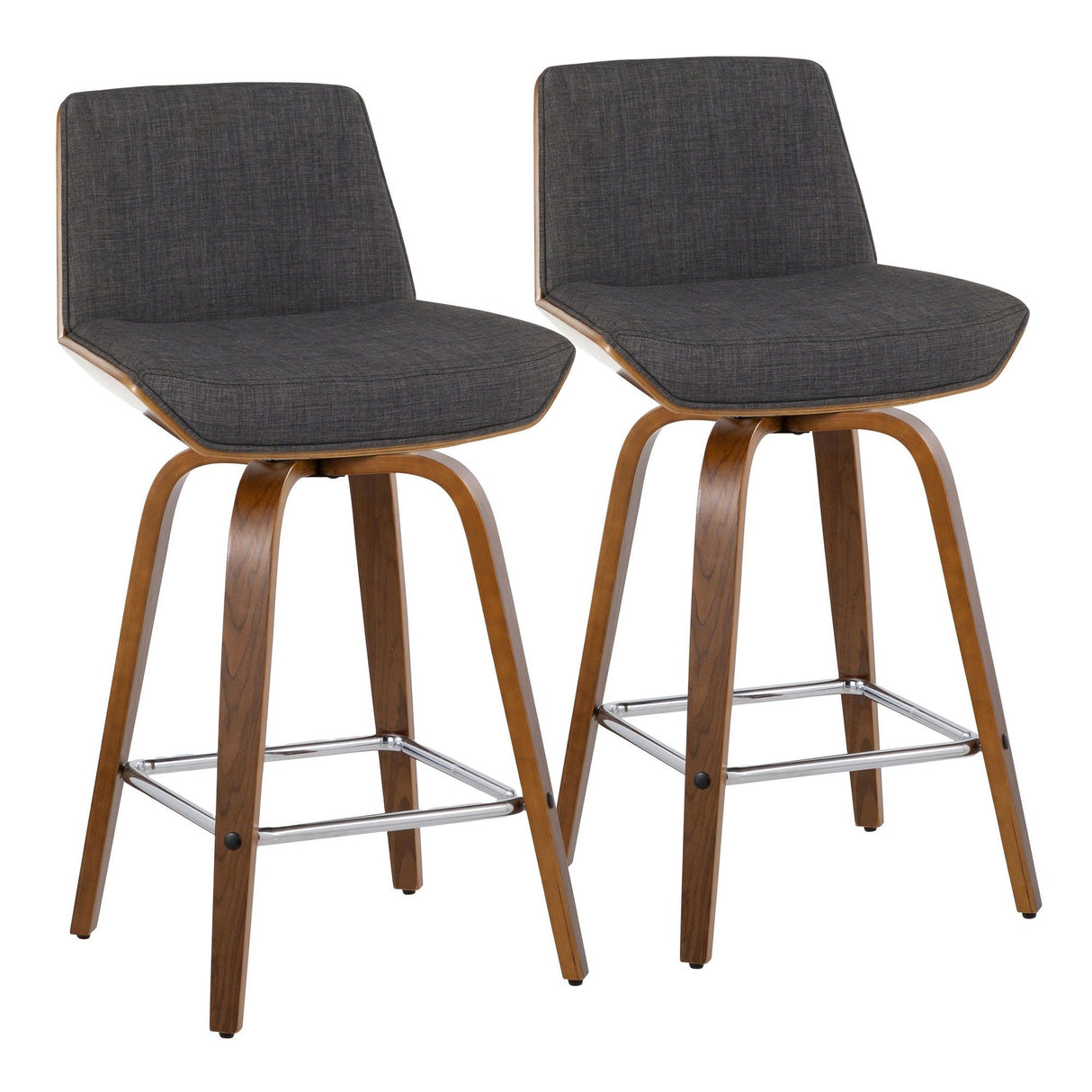 Corazza - Mid-Century Modern Fixed-Height Swivel Counter Stool (Set of 2) - Walnut Wood And Charcoal Fabric With Square Chrome Metal Footrest