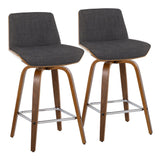 Corazza - Mid-Century Modern Fixed-Height Swivel Counter Stool (Set of 2) - Walnut Wood And Charcoal Fabric With Square Chrome Metal Footrest