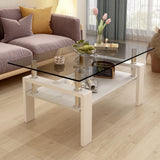 Modern Rectangular Coffee Table With Tempered Transparent Glass Top And Storage Shelf