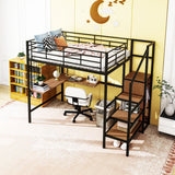 Loft Bed With Desk And Grid, Stylish Frame With Lateral Storage Ladder And Wardrobe