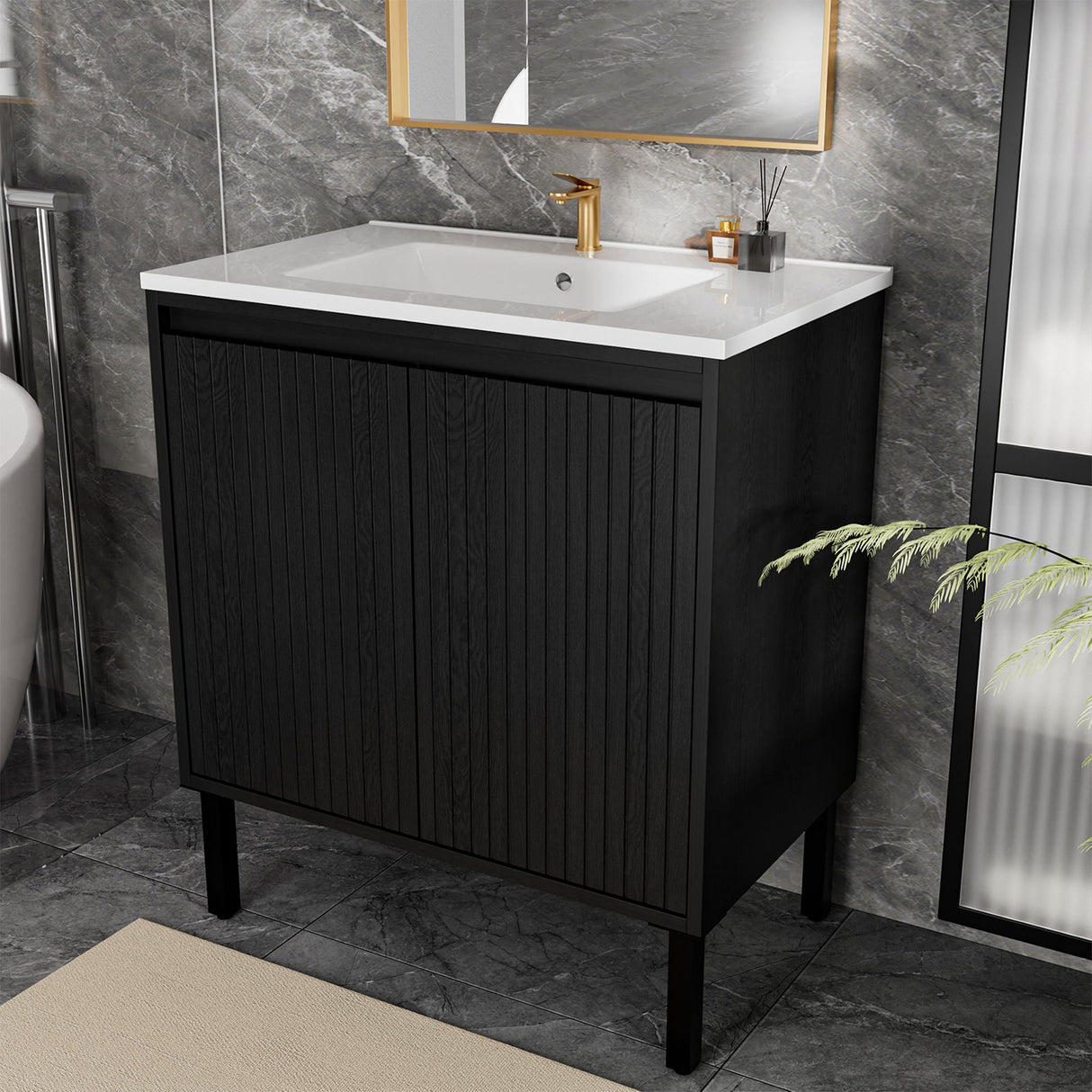 Bathroom Vanity With Ceramic Sink, Floor-Standing Design, Soft-Closing Drawers