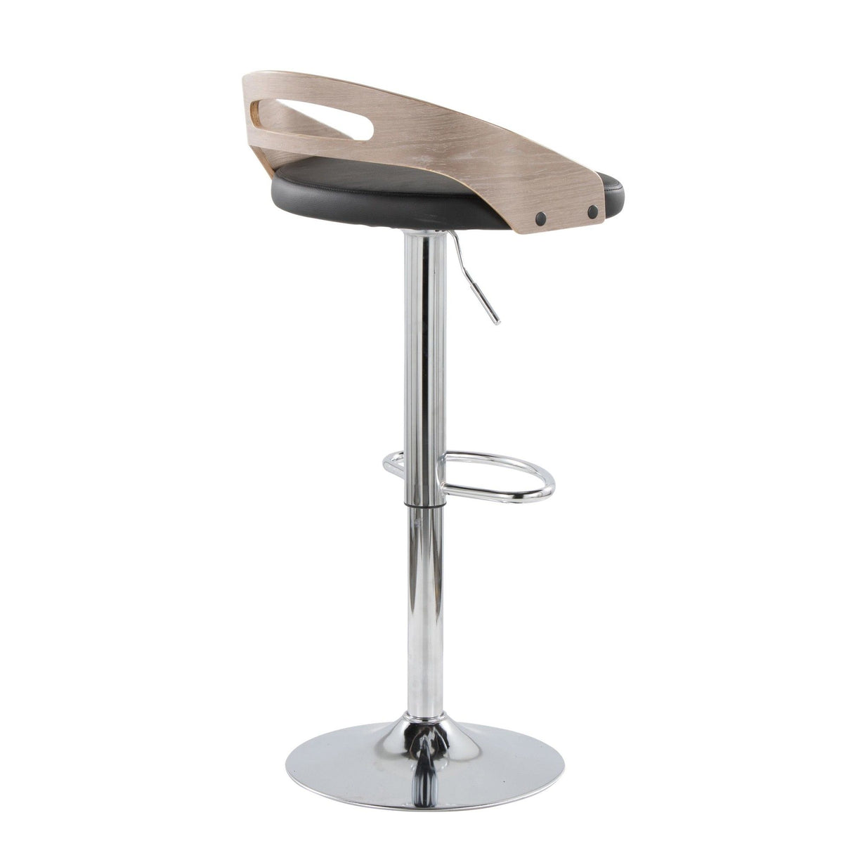 Cassis - Mid-Century Modern Adjustable Barstool With Swivel (Set of 2) - Chrome Metal, Light Gray Wood And Black Faux Leather With Oval Footrest