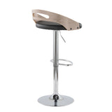 Cassis - Mid-Century Modern Adjustable Barstool With Swivel (Set of 2) - Chrome Metal, Light Gray Wood And Black Faux Leather With Oval Footrest