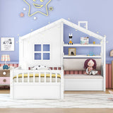 House Bed With Sofa, Kids Platform Bed With 2 Drawers And Storage Shelf