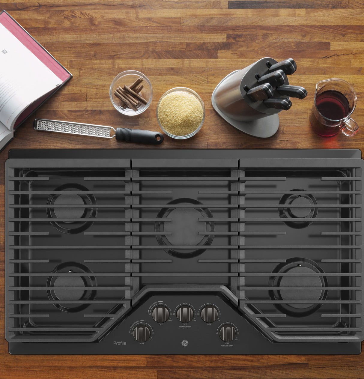 GE Profile PGP7036BMTS 36 inch gas cooktop angled view