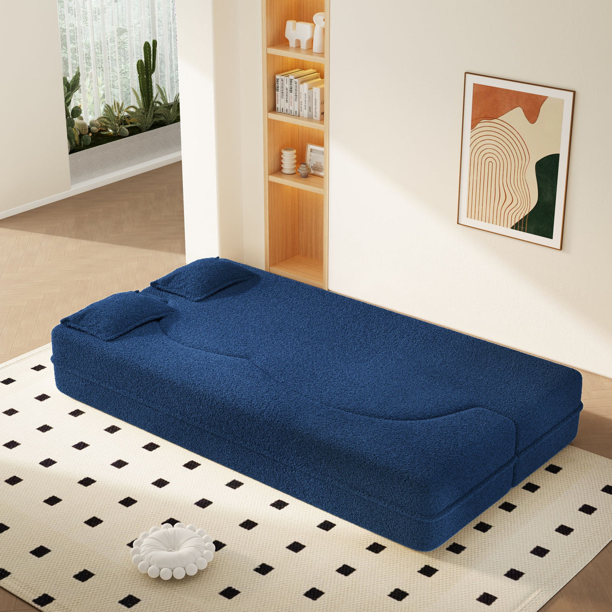 Modern Floor Sleeper Sofa Bed With 2 Pillows, Convertible Twin Size Folding Mattress For Living Room