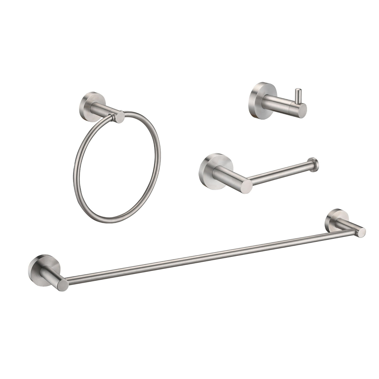 Bathroom Set 4 Pack With Towel Bar Racks, Toilet Paper Holder, Ring, Hook, Stainless Steel - Brushed Nickel