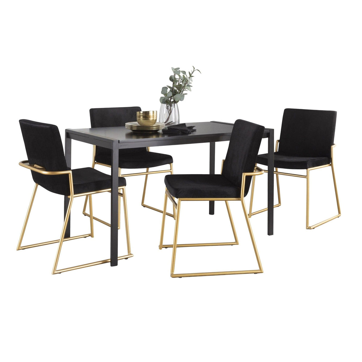 Fuji-dutchess - 5 Piece Dining Room Set - Black Metal, Black Wood, Black Velvet, Gold Metal