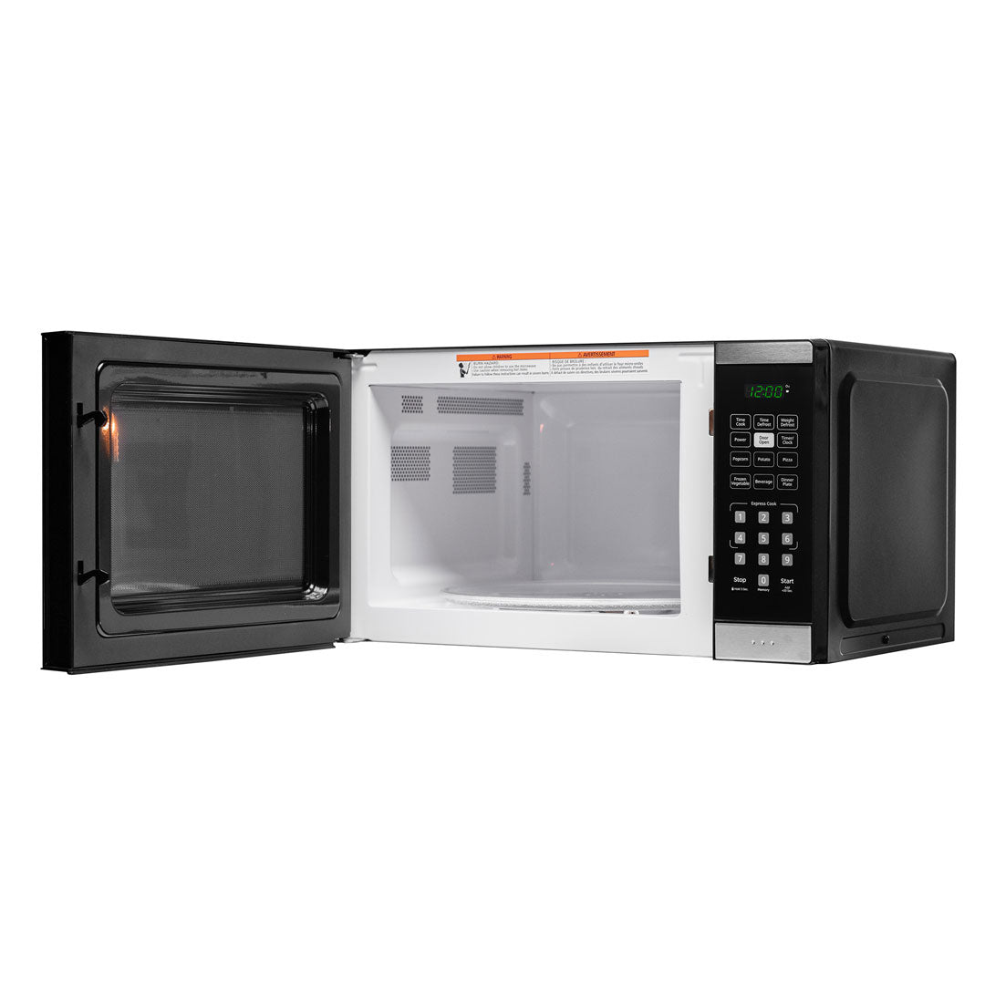 Danby DBMW0925BBS microwave door open, left angle