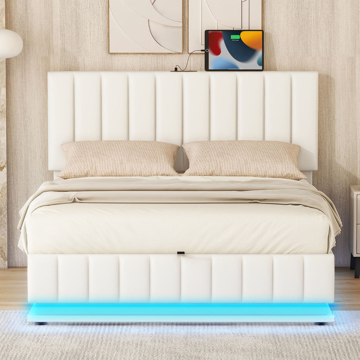 Upholstered Bed With Hydraulic Storage System And LED Light, With Sockets And USB Ports